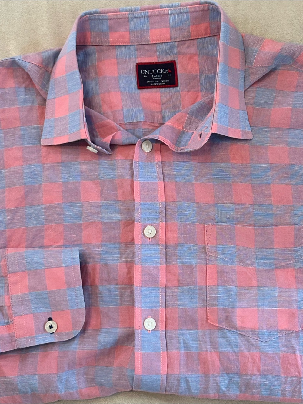 UNTUCKit Men's Large Slim Fit Cotton Linen Shirt Pink Blue Plaid Button Up